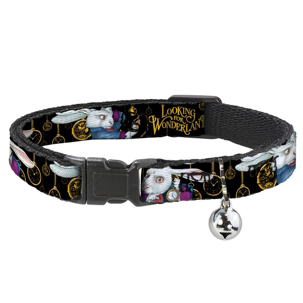 Buckle-Down Breakaway Cat Collar - White Rabbit Poses LOOKING FOR WONDERLAND/Clocks Black/Golds - 1/2" Wide - Fits 8-12" Neck - Medium