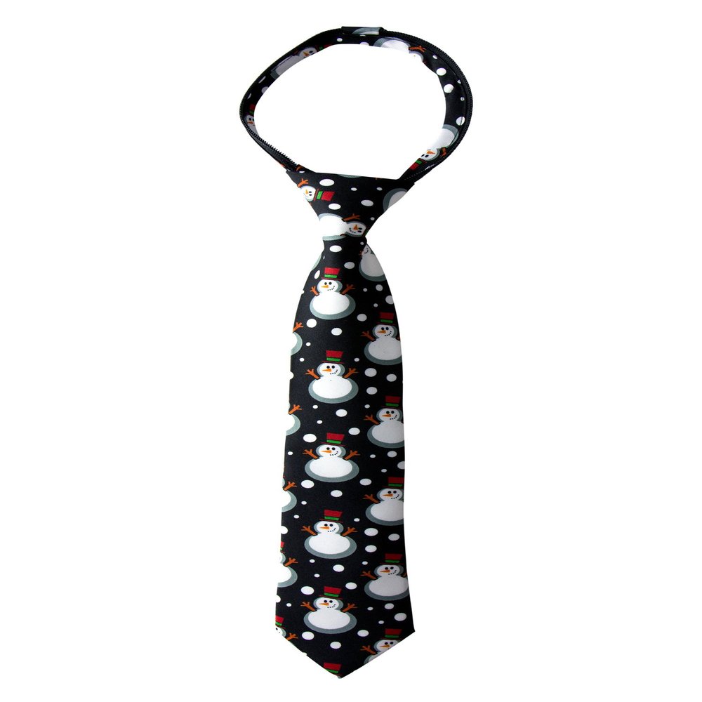 Spring Notion Boy's Printed Microfiber Christmas Theme Pretied Zipper Tie, Large Black Snowman