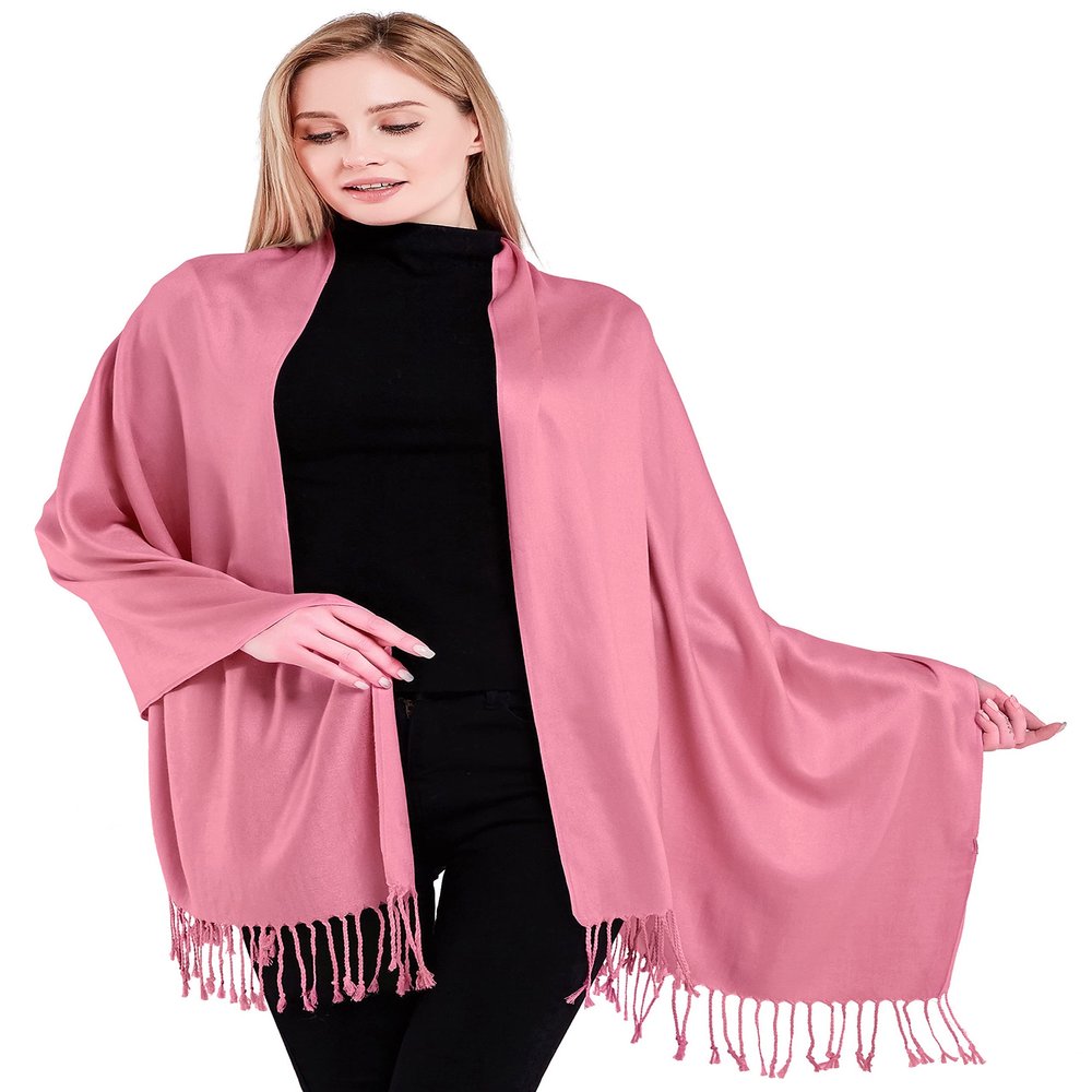 CJ Apparel Pink Coral Pink Solid Color Tassels Design Nepalese Shawl Seconds Scarf Wrap Stole Throw Head Wrap Pashmina Gift Hand Made in Nepal New
