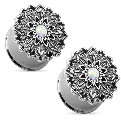 Pierced Owl Antique Silver Plated Stainless Steel Opal Centered Lotus Flower Top Double Flared Plug Gauges, Sold as a Pair (16mm (5/8"))