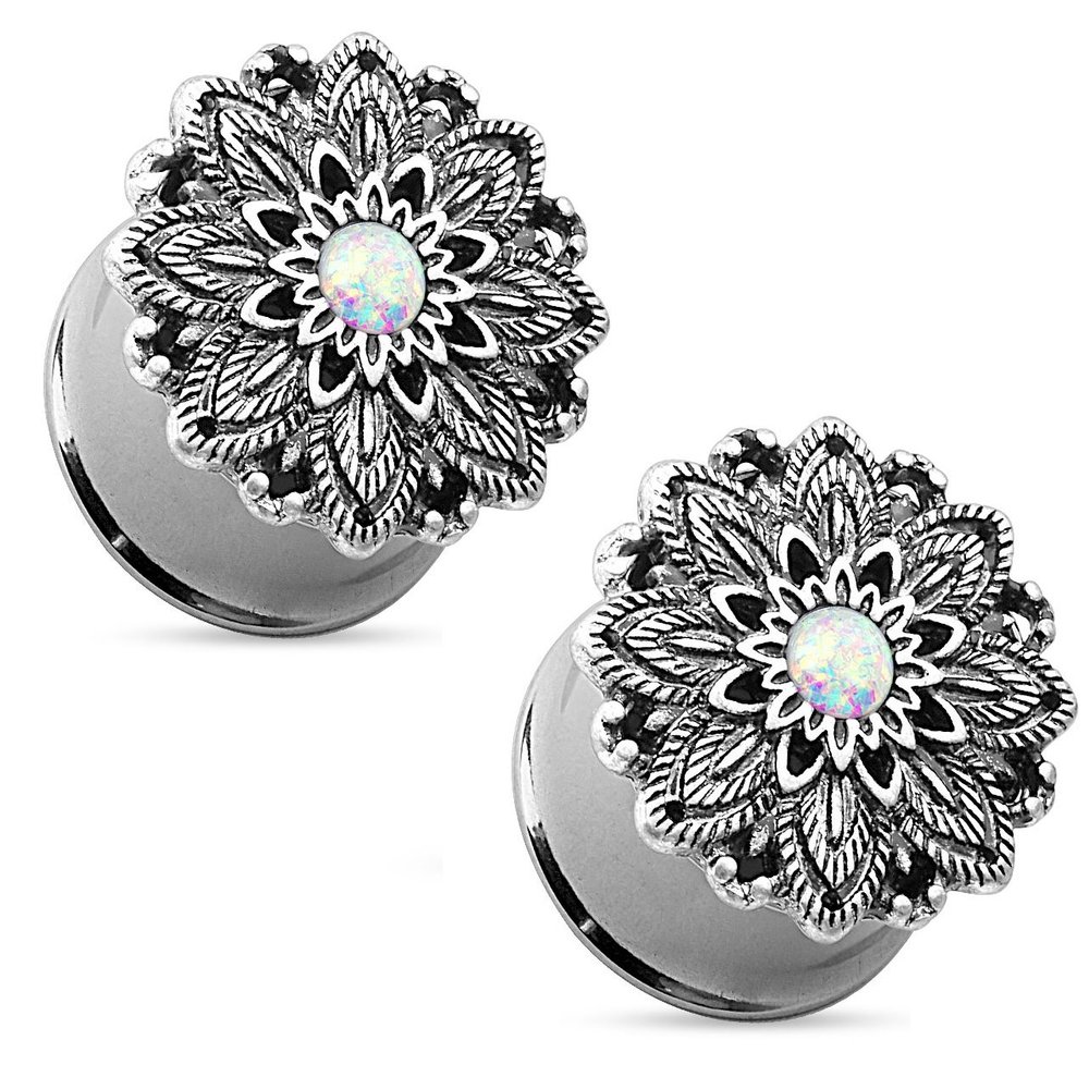 Pierced Owl Antique Silver Plated Stainless Steel Opal Centered Lotus Flower Top Double Flared Plug Gauges, Sold as a Pair (16mm (5/8"))