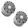 Pierced Owl Antique Silver Plated Stainless Steel Opal Centered Lotus Flower Top Double Flared Plug Gauges, Sold as a Pair (16mm (5/8")) view 1