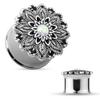 Pierced Owl Antique Silver Plated Stainless Steel Opal Centered Lotus Flower Top Double Flared Plug Gauges, Sold as a Pair (16mm (5/8")) view 2