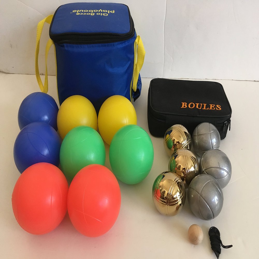 BuyBocceBalls Unique Package - Glow in Dark Bocce Set and 73mm Metal Petanque/Boules 6 Ball Set with 3 Gold and 3 Striped Grind Sand Balls and Black Bag
