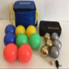 BuyBocceBalls Unique Package - Glow in Dark Bocce Set and 73mm Metal Petanque/Boules 6 Ball Set with 3 Gold and 3 Striped Grind Sand Balls and Black Bag view 1