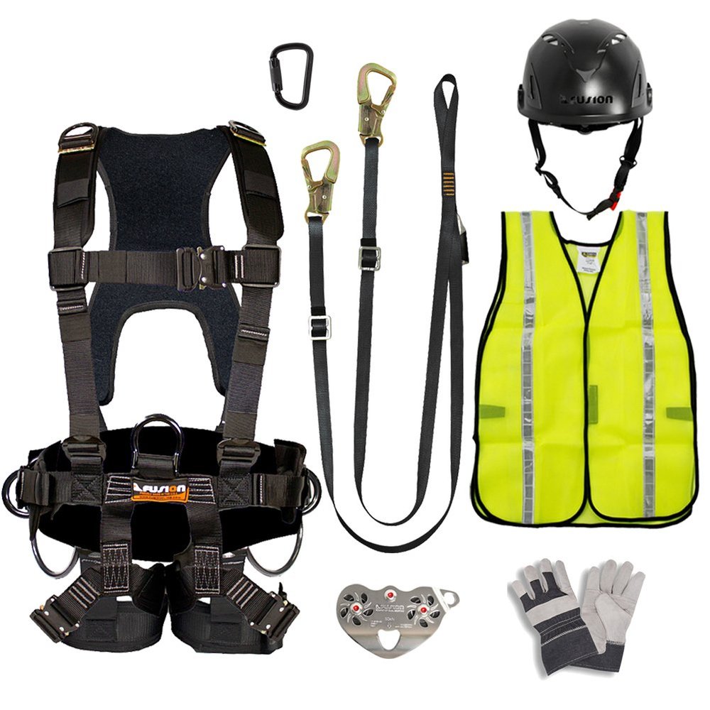 Fusion Climb Pro Backyard FK-A-HLTCHVG-28 Carabineer Helmet Vest Gloves Bundle, Black