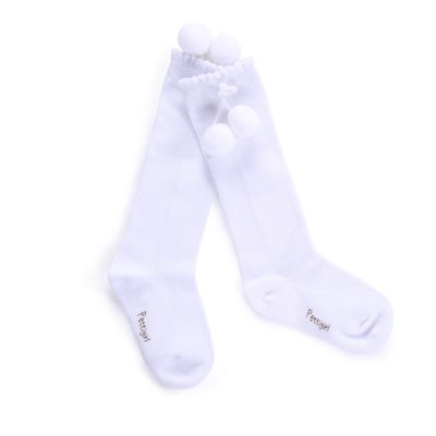 Pettigirl Baby Girl Handmade Knee-Length Stretch Socks with Pom Decoration, White, 1 year