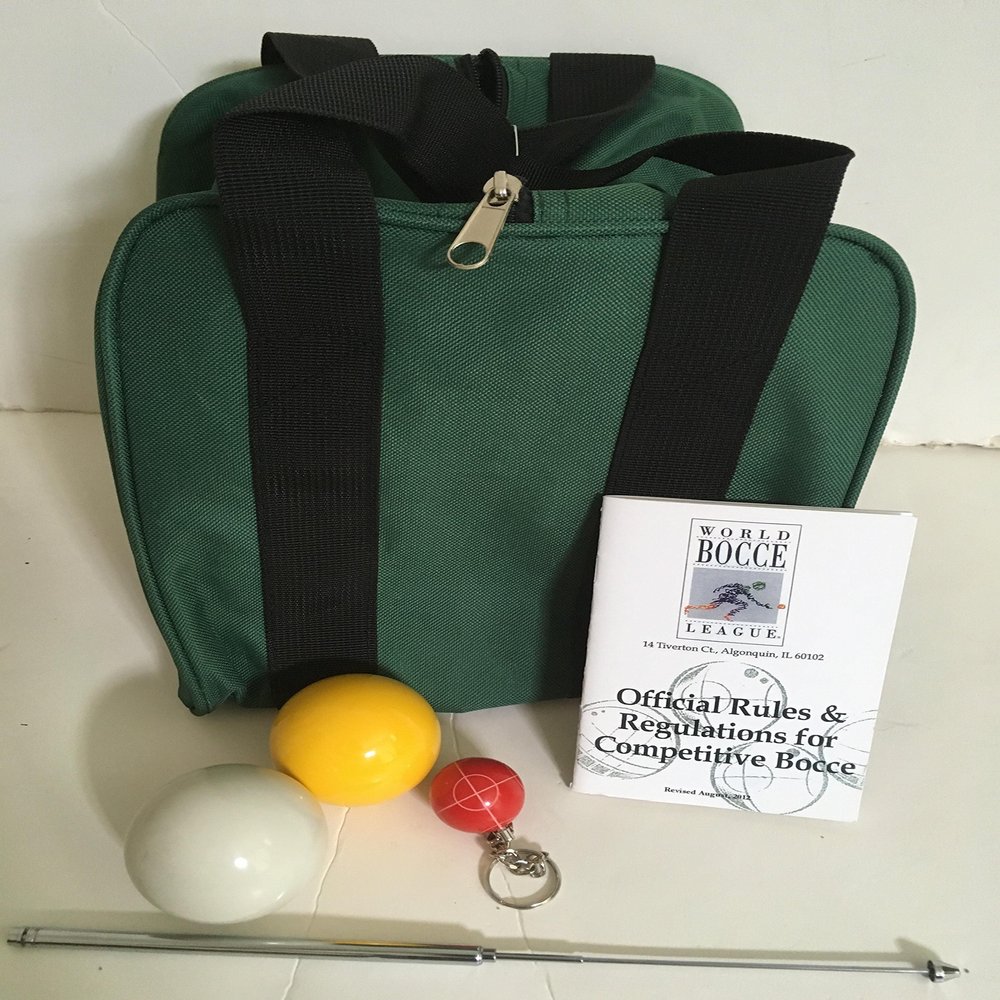 BuyBocceBalls Unique Bocce Accessories Package - Heavy Duty Nylon Bocce Bag, Yellow and White 60mm Pallinos, Extendable Measuring Device, Rule Book and Keychain