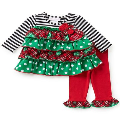 Bonnie Jean Little Girls Red Green Dotted Plaid Tiered Tunic Legging Set, 4