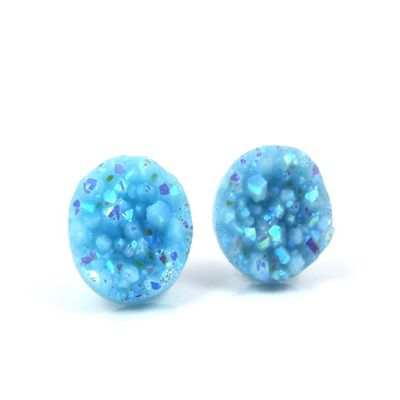 12mm Faux Druzy Stud Earrings - Stainless Steel Posts Sensitive Ears Boho Chic Sparkly Glitter Studs (Baby Blue)