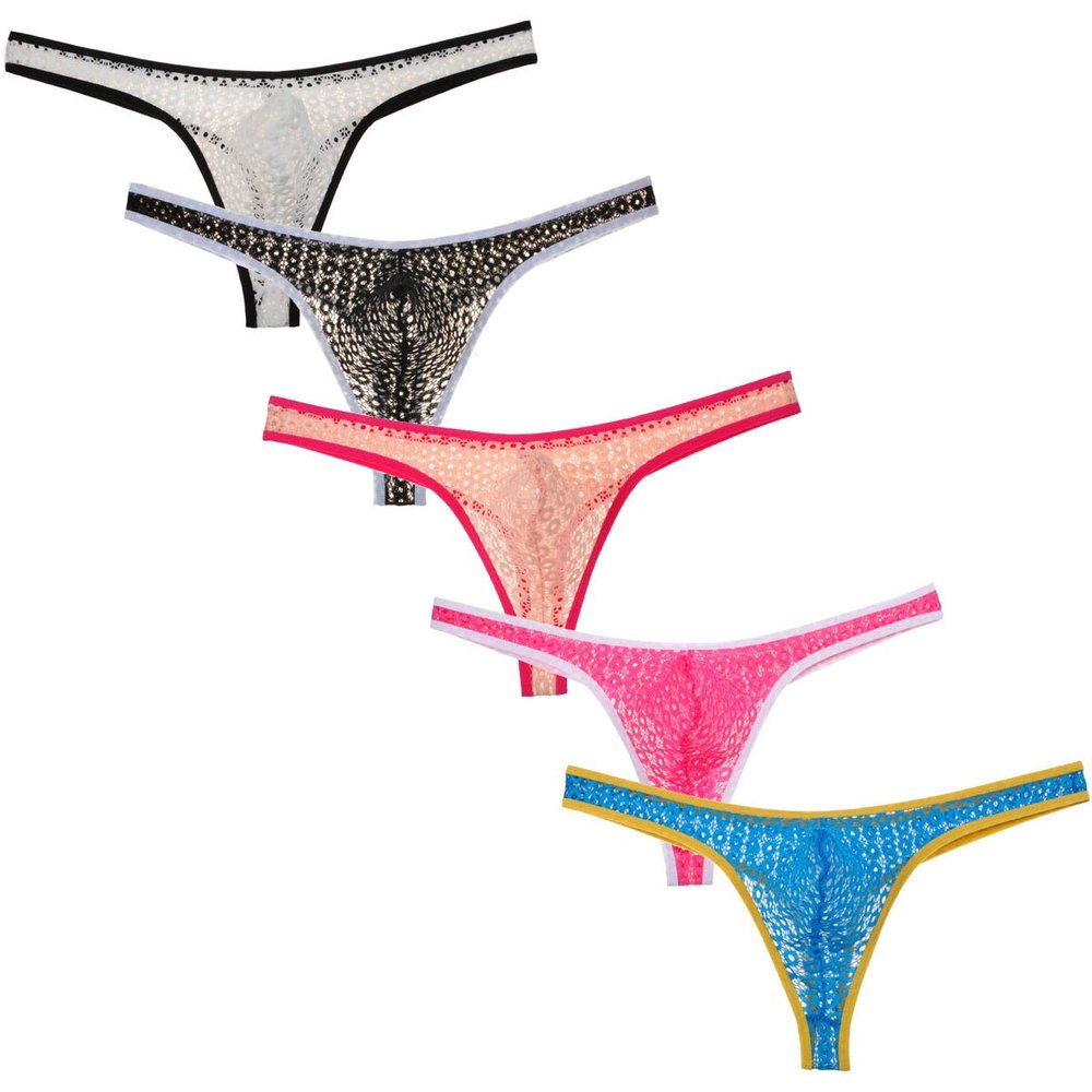 5PCs/Lot Men's Lace Thong Mini Bikini Gay Underwear Holes Jacquard Male T-Back G-String Pants 231 X-Large