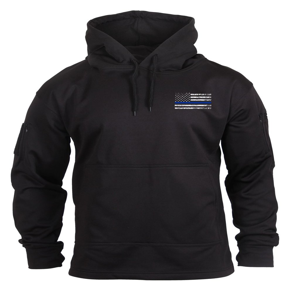 Rothco Conceal-Ops Thin Blue Line Hoodie  Tactical Hooded Sweatshirt with Distressed American Flag Graphics (US, Alpha, XX-Large, Regular, Regular, Black)