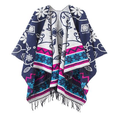 Urban CoCo Women's Fashionable Retro Style Vintage Pattern Tassel Poncho Shawl Cape (Series1-Navy blue)