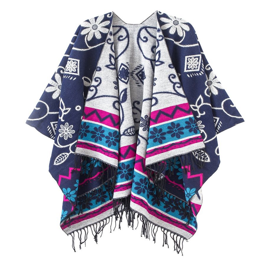 Urban CoCo Women's Fashionable Retro Style Vintage Pattern Tassel Poncho Shawl Cape (Series1-Navy blue)