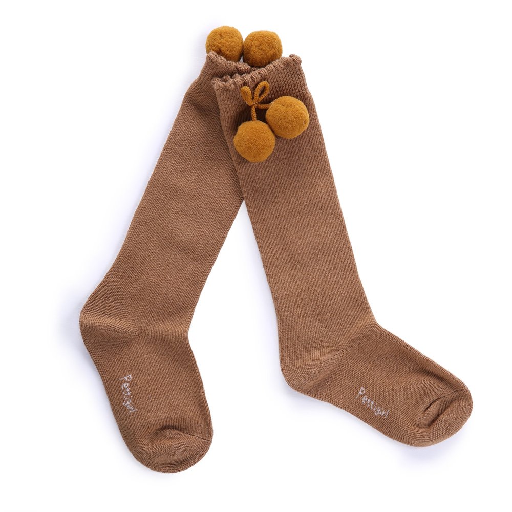 Pettigirl Baby Girl Handmade Knee-Length Stretch Socks with Pom Decoration, Camel, 2years