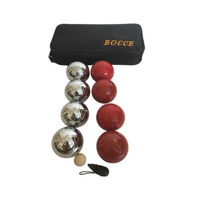BuyBocceBalls Listing - 73mm Metal Bocce/Petanque 8 Ball Set with 4 Silver and 4 red Balls and Black Bag