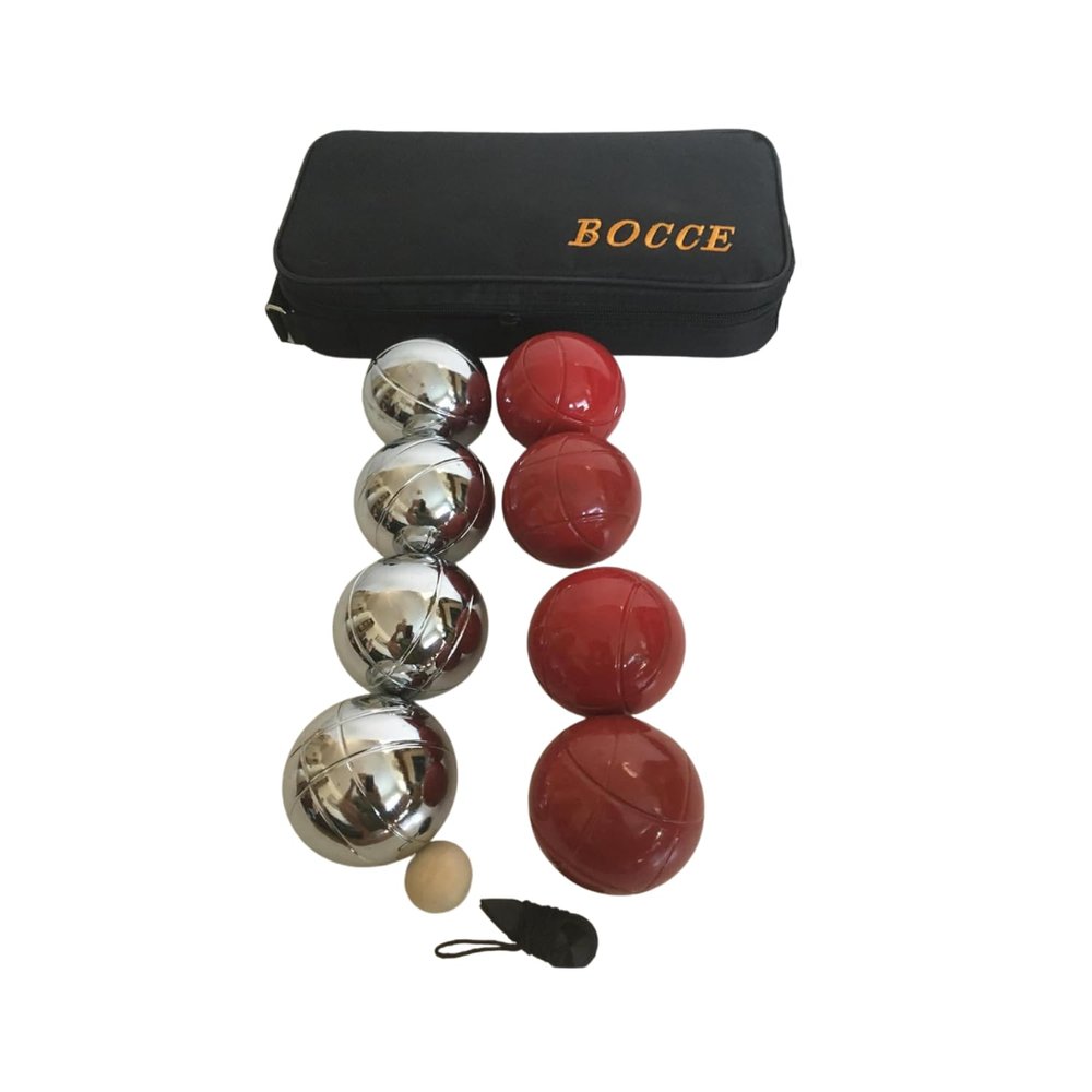 BuyBocceBalls Listing - 73mm Metal Bocce/Petanque 8 Ball Set with 4 Silver and 4 red Balls and Black Bag