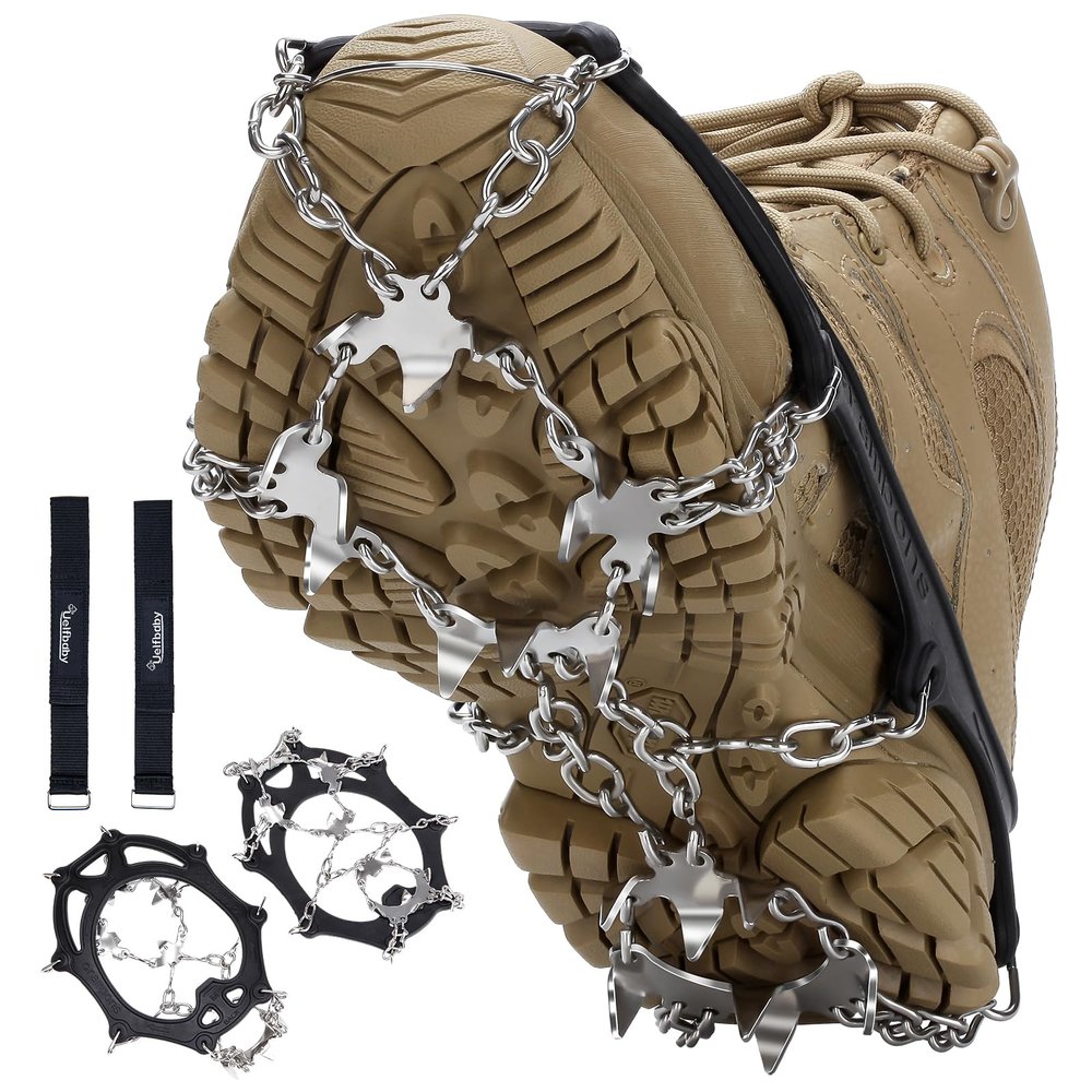 Crampons 19 Spikes with Stainless Steel Chain Ice Snow Grips Traction Cleats System Safe Protect for Walking, Jogging, Climbing, Hiking on Snow and Ice, Boots Chains for Women Men (Black, Large)