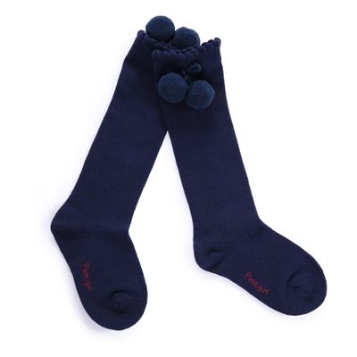 Pettigirl Baby Girl Handmade Knee-Length Stretch Socks with Pom Decoration, Navy, 3years