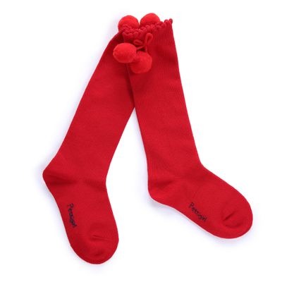 Pettigirl Baby Girl Handmade Knee-Length Stretch Socks with Pom Decoration, Red, 2years