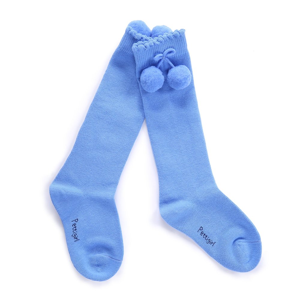Pettigirl Baby Girl Handmade Knee-Length Stretch Socks with Pom Decoration, Blue, 2years