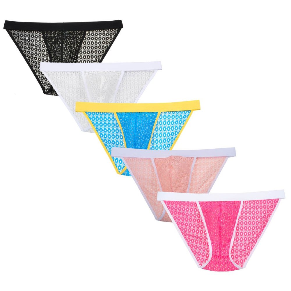 5PCs/Lot Men's Lace Bikini Brief Holes Jacquard Mini Boxer Gay Underwear Male Briefs Pants