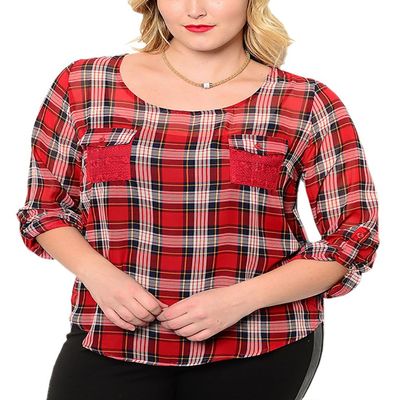 Belle Donne Big Women Tops Blouse Full or 3/4 Sleeve Casual Tunic Plus Size - Red/3X-Large