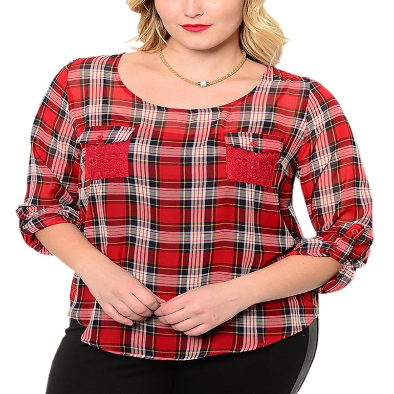 Belle Donne Big Women Tops Blouse Full or 3/4 Sleeve Casual Tunic Plus Size - Red/3X-Large