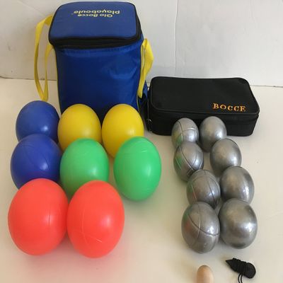 BuyBocceBalls Unique Package - Glow in Dark Bocce Set and - 73mm Metal Bocce/Petanque - 8 Ball Set with 4 Plain Grind Sand and 4 Striped Grind Sand Balls and Black Bag