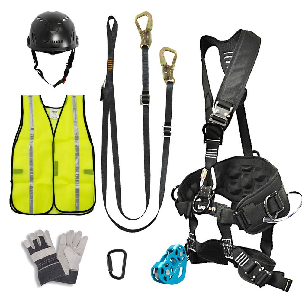 Fusion Climb Pro Backyard FK-A-HLTCHVG-11 Carabineer Helmet Vest Gloves Bundle, Black