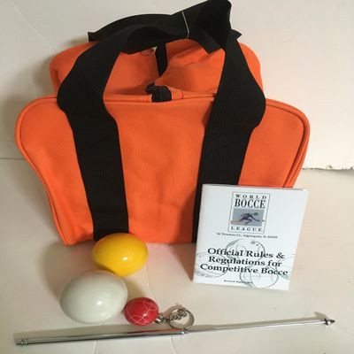 BuyBocceBalls Unique Bocce Accessories Package - Heavy Duty Nylon Bocce Bag, Yellow and White 60mm Pallinos, Extendable Measuring Device, Rule Book and Keychain