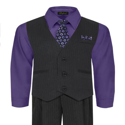 Rafael Boy's Vest and Pant Set, Includes Shirt, Tie and Hanky - Black/Purple, 5