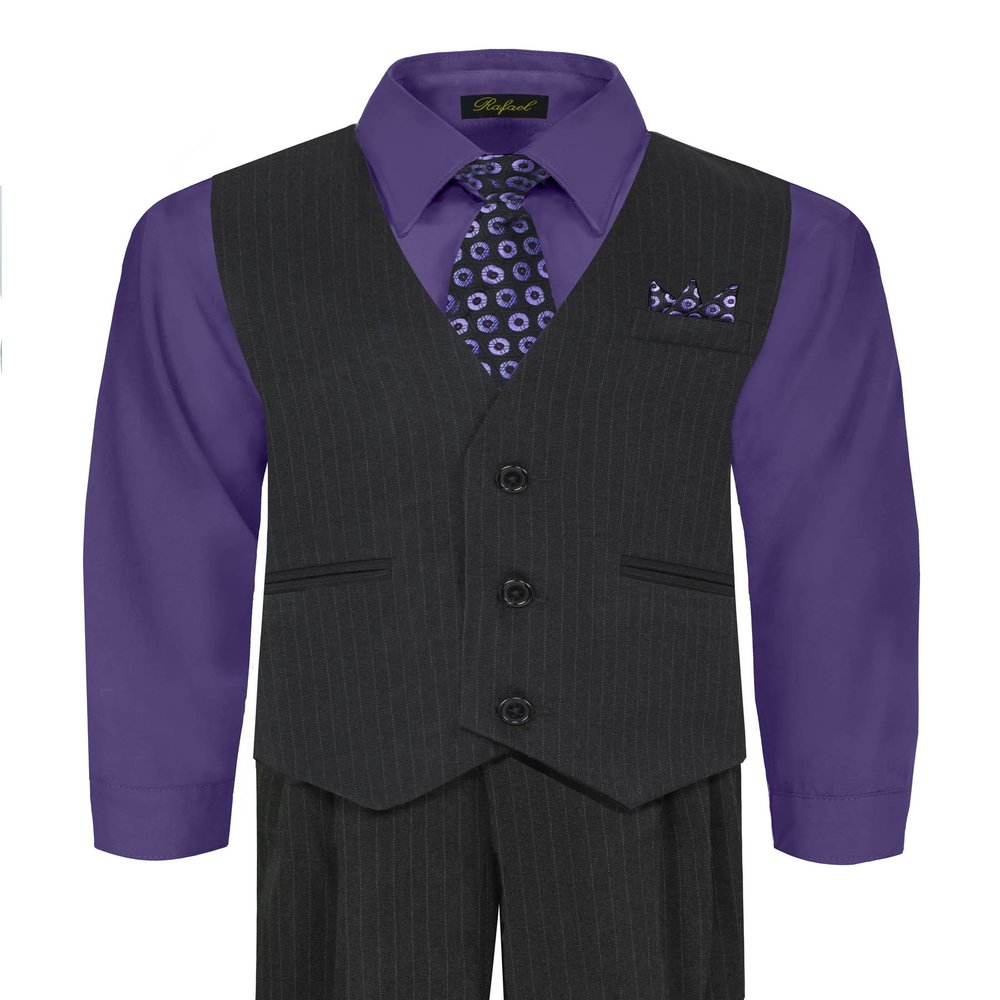 Rafael Boy's Vest and Pant Set, Includes Shirt, Tie and Hanky - Black/Purple, 5
