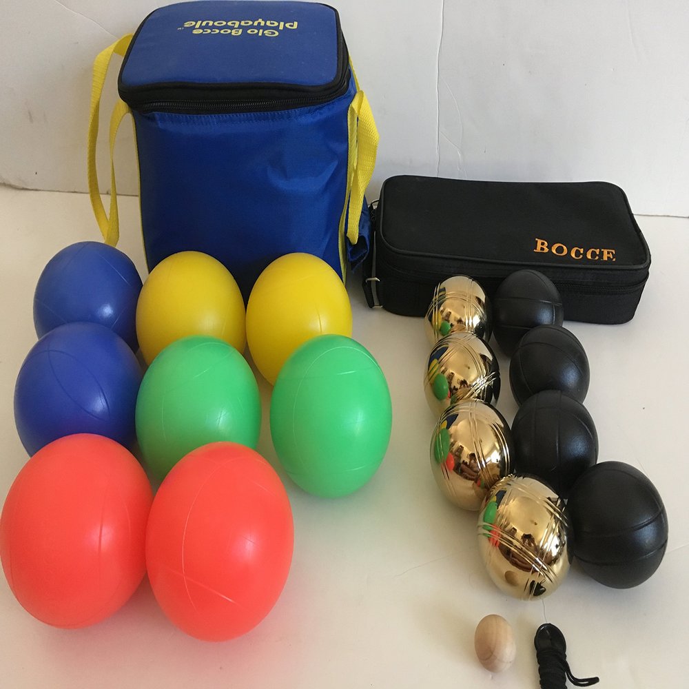 BuyBocceBalls Unique Package - Glow in Dark Bocce Set and - 73mm Metal Bocce/Petanque - 8 Ball Set with 4 Gold and 4 Black Balls and Black Bag