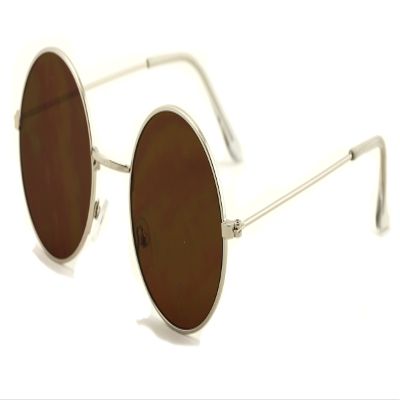 Casual Fashion Medium Round Circle Flat Lens Sunglasses Thin Frame Unisex (Silver, Brown)