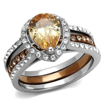 Marimor Jewelry 2.08 Carat Pear Cut Champagne Zirconia Two Toned Stainless Steel Wedding Ring Set Size 10