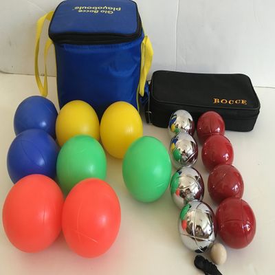 BuyBocceBalls Unique Package - Glow in Dark Bocce Set and - 73mm Metal Bocce/Petanque - 8 Ball Set with 4 Silver and 4 red Balls and Black Bag