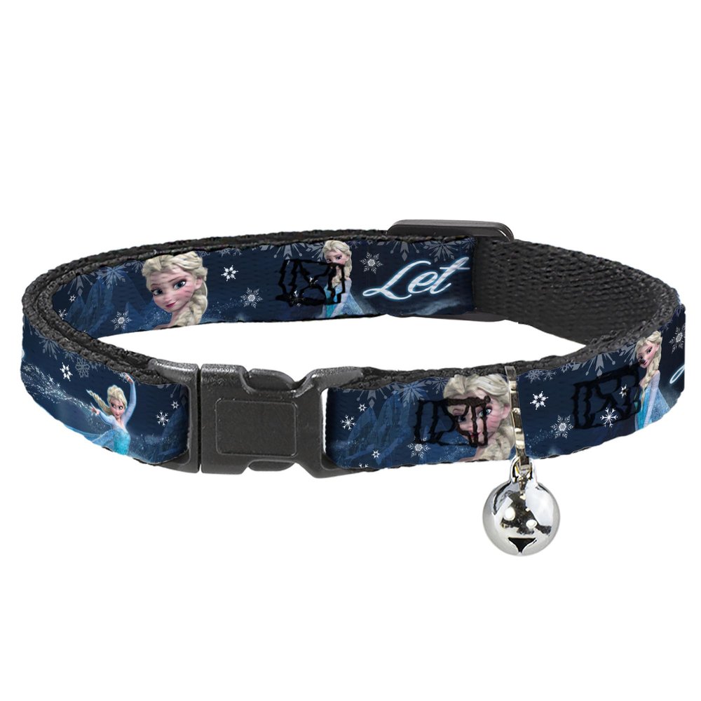 Buckle-Down Breakaway Cat Collar - Elsa the Snow Queen Poses/Snowflakes LET IT GO Blues/White - 1/2" Wide - Fits 8-12" Neck - Medium