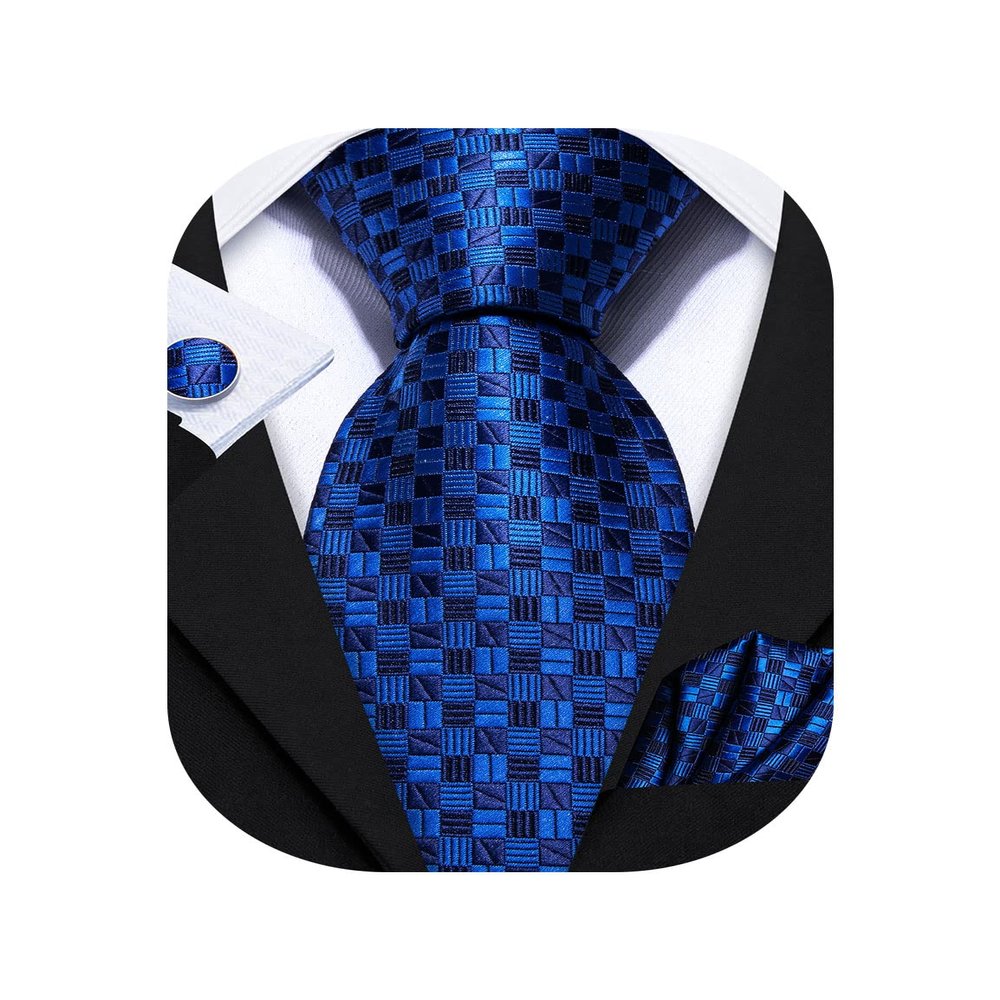 Barry.Wang Plaid Ties Check Mens Necktie Set with Handkerchief Cufflinks Classic Stripe