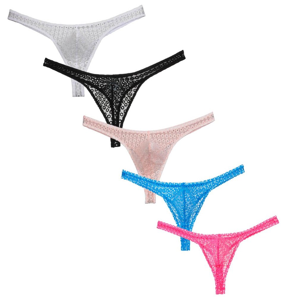 5PCs/Lot Men's Lace Thong Mini Bikini Gay Underwear Holes Jacquard Male T-Back G-String Pants
