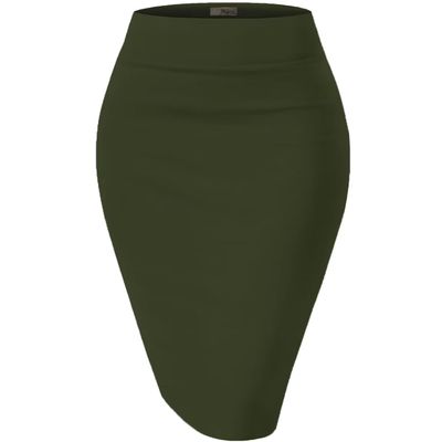 Hybrid & Company Women's Premium Nylon Ponte Stretch High Waist Pencil Suit Skirt Below Knee KSK45002 1073T Olive S