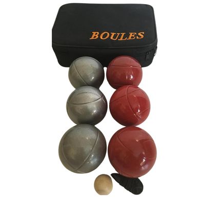 BuyBocceBalls Listing -73mm Metal Petanque/Boules 6 Ball Set with 3 Striped Grind Sand and 3 red Balls and Black Bag