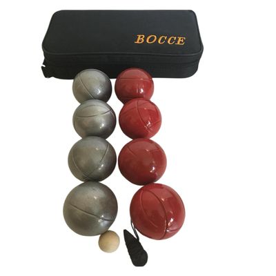 BuyBocceBalls Listing -73mm Metal Bocce/Petanque 8 Ball Set with 4 Striped Grind Sand and 4 red Balls and Black Bag