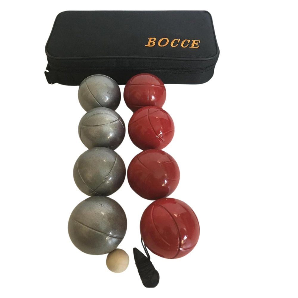 BuyBocceBalls Listing -73mm Metal Bocce/Petanque 8 Ball Set with 4 Striped Grind Sand and 4 red Balls and Black Bag