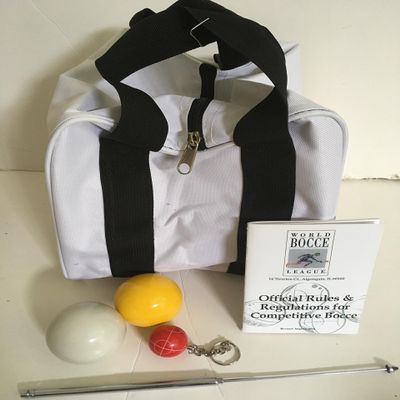 BuyBocceBalls Unique Bocce Accessories Package - Heavy Duty Nylon Bocce Bag, Yellow and White 60mm Pallinos, Extendable Measuring Device, Rule Book and Keychain