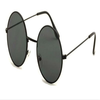 Casual Fashion Medium Round Circle Flat Lens Sunglasses Thin Frame Unisex (Black, Black)