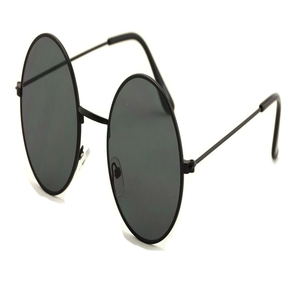 Casual Fashion Medium Round Circle Flat Lens Sunglasses Thin Frame Unisex (Black, Black)
