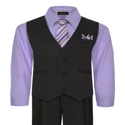 Boy's Vest and Pant Set, Includes Shirt, Tie and Hanky - Black/Lilac, 6