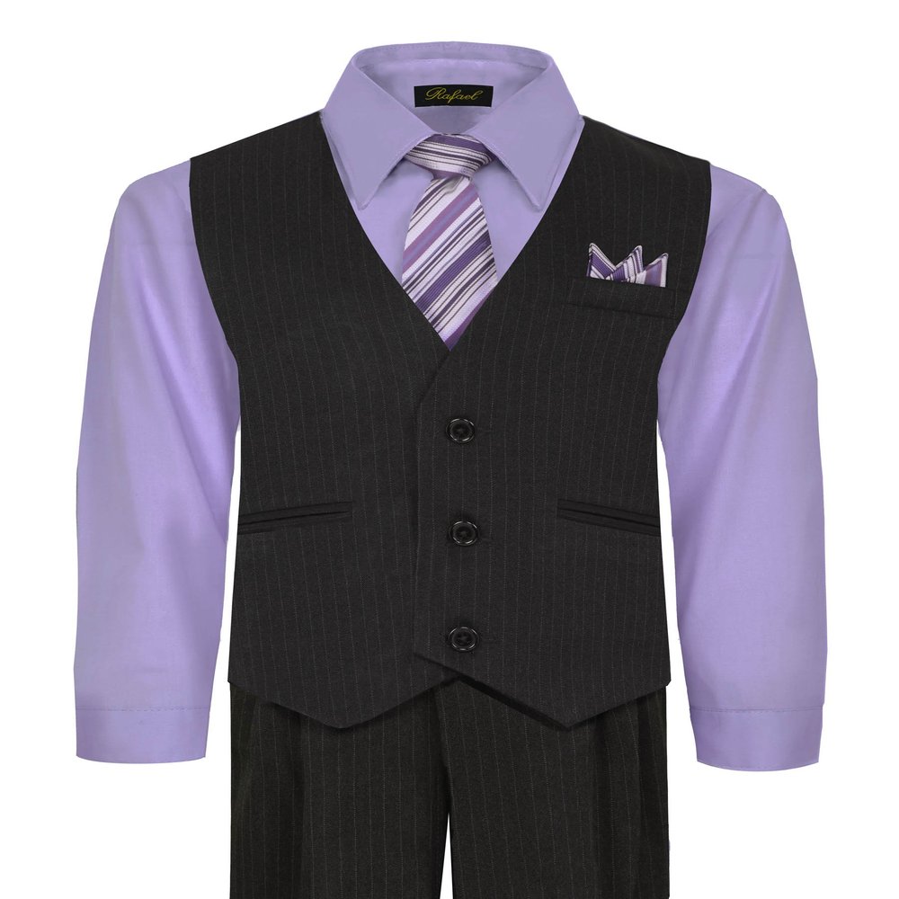 Boy's Vest and Pant Set, Includes Shirt, Tie and Hanky - Black/Lilac, 6