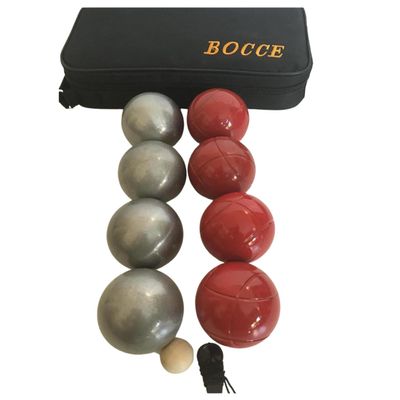 BuyBocceBalls Listing - 73mm Metal Bocce/Petanque 8 Ball Set with 4 Plain Grind Sand and 4 red Balls and Black Bag